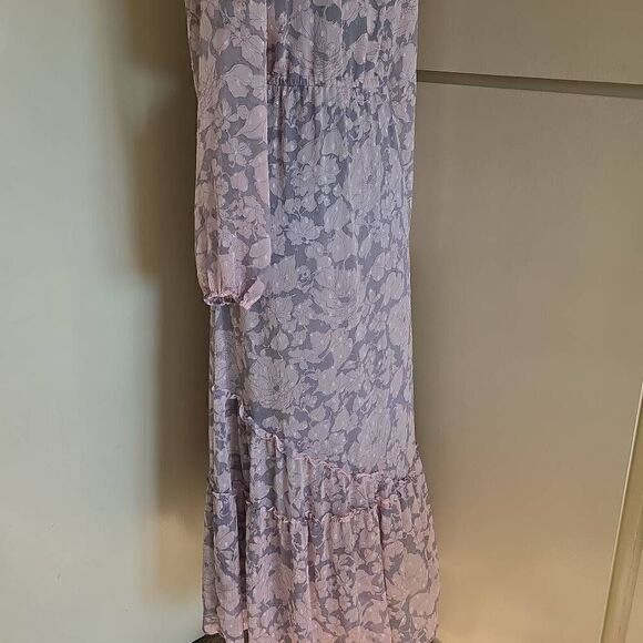 Lovestitch pale pink/ lt grey chiffon long sleeve maxidress, nwot, L - Picture 8 of 10